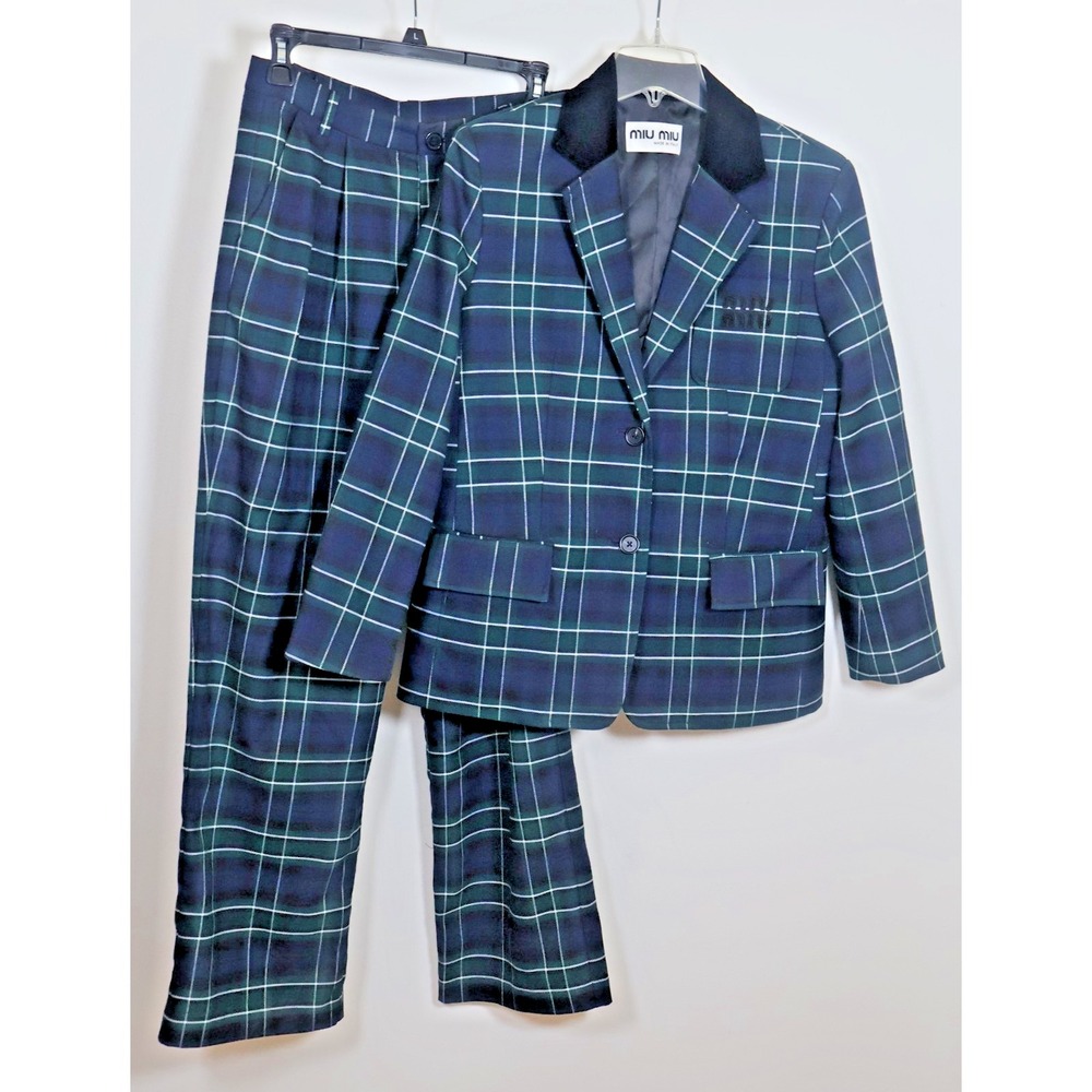 MIU MIU Blazer Pants Suit Women Size 38/40 Green Blue Plaid Wool Velvet Collar